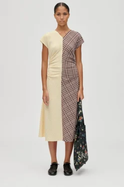 2118 Checkered Jersey, Ruched Waist Midi Dresssg-aw25-d156-2118