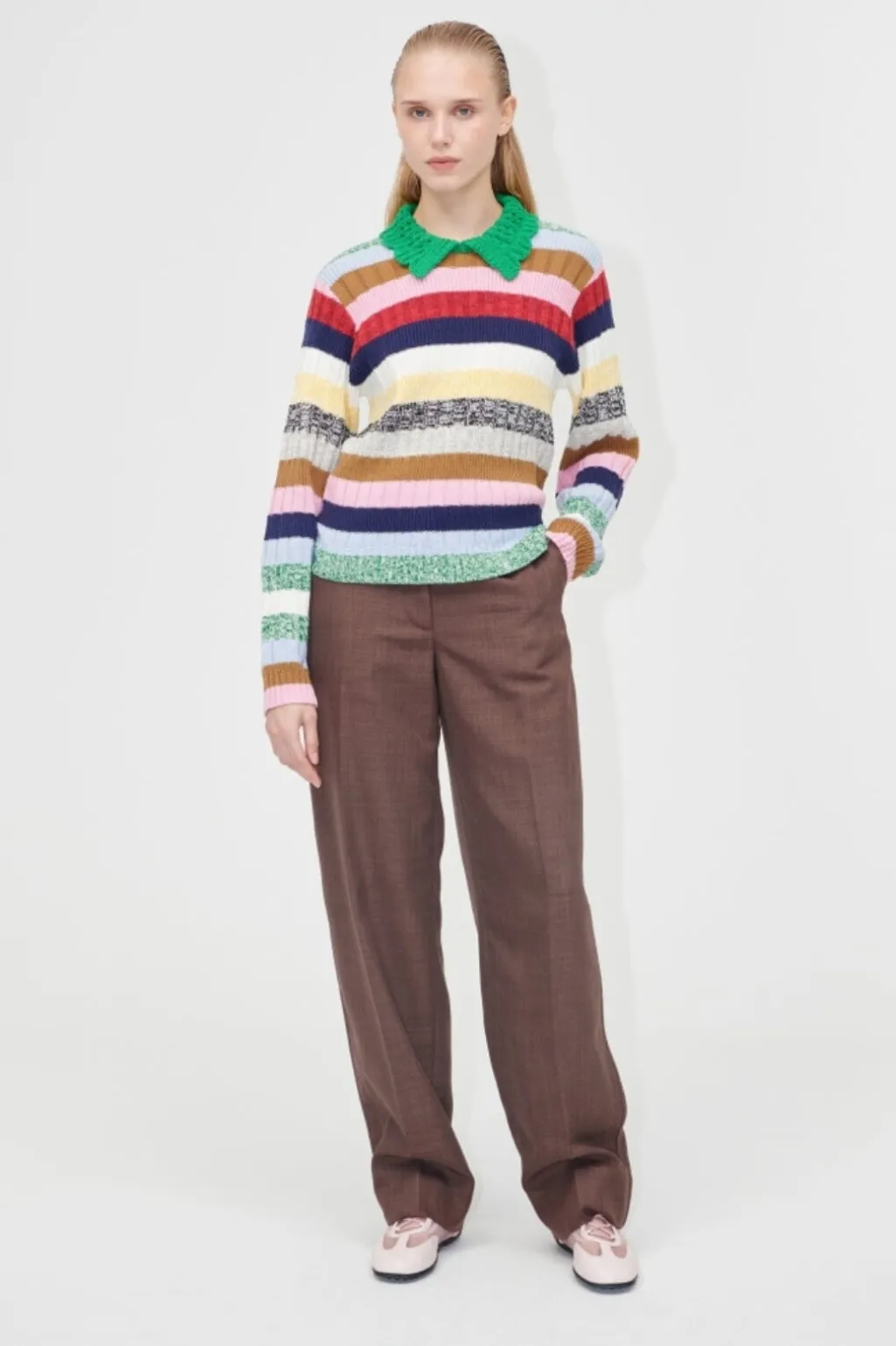 2386 Cotton Mix / Crochet Cotton, Mix Stripe Polo Collar Sweatersg-pf25-k033-2386