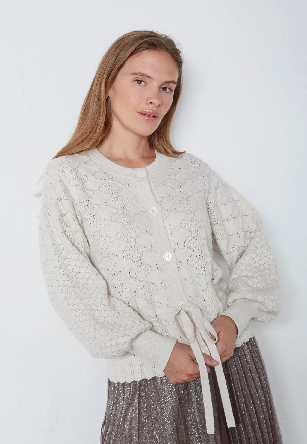 Rowcc Pointelle Tie Cardigan 32241